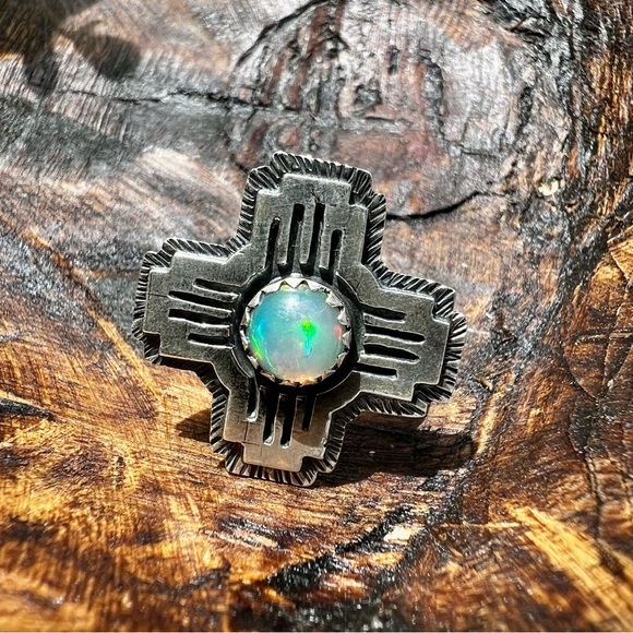 Hand Crafted Jewelry - 925 Sterling Silver & Ethiopian Opal Zia Ring Size 8 NEW